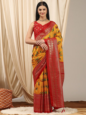 Tasrika Printed Chinnalapattu Cotton Blend Saree(Yellow)