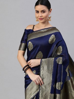 HouseOfCommon Woven Banarasi Silk Blend Saree(Dark Blue)