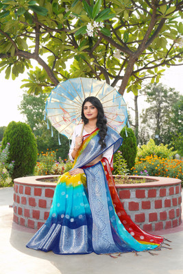 KOTHARI SST Solid/Plain Bandhani Organza Saree(Blue)