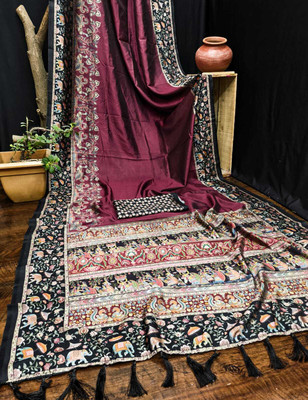 VIRDHI TEXTILE Digital Print Madhubani Silk Blend Saree(Purple)