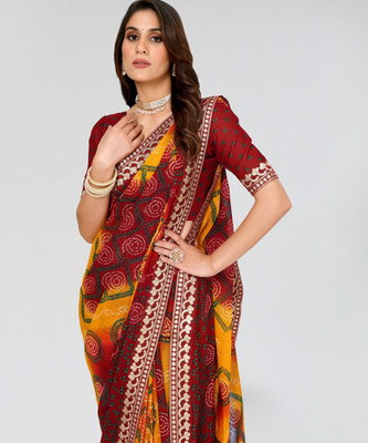 ANIRAV Printed Bandhani Georgette, Lace Saree(Maroon)
