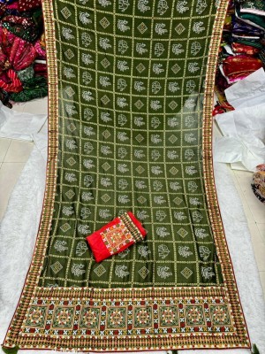 Rudra Fab Woven, Self Design, Printed Bandhani Pure Silk, Art Silk Saree(Green)