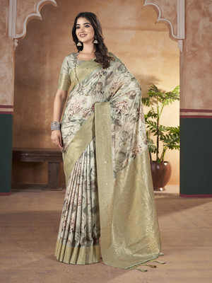 RekhaManiyar Printed Bollywood Silk Blend Saree(Light Green)