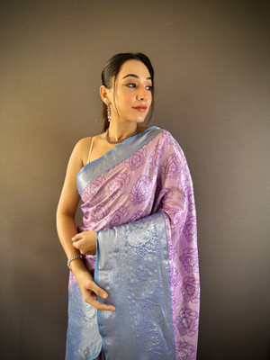 SHARDHA FASHION Woven, Embroidered, Embellished Banarasi Pure Silk Saree(Black, Yellow, Purple)