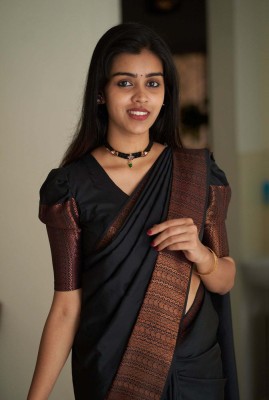 VRUKSHRAJ ENTERPRISE Woven Kanjivaram Jacquard, Pure Silk Saree(Black)