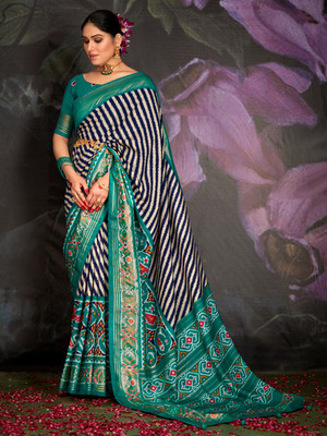 Divastri Printed Patola Tussar Silk Saree(Dark Blue)