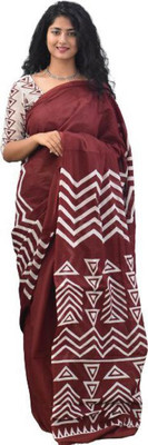 Kiaaron Printed Ikkat Pure Cotton Saree(Maroon)