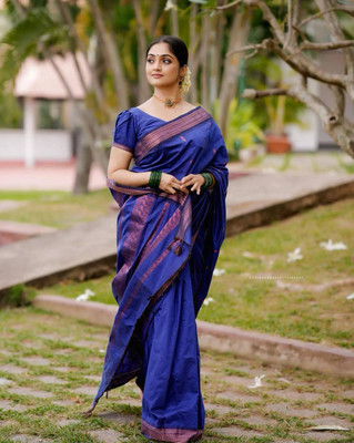 Bansari Textiles Woven, Self Design, Embellished, Solid/Plain Bollywood Jacquard, Art Silk Saree(Blue)