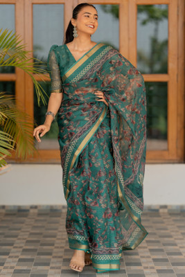 MIRCHI FASHION Printed, Floral Print Kota Doria Polyester Saree(Green, Cream, Maroon)