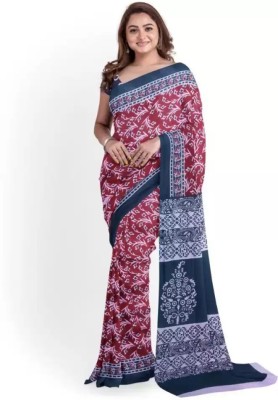 The Familiar Handicrafts Printed, Blocked Printed Bollywood Pure Cotton Saree(Red, Blue)