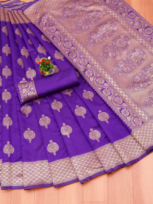 Om Shantam sarees Self Design, Temple Border, Woven, Embellished Banarasi Jacquard, Art Silk Saree(Purple)