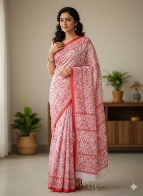 Shine boutique Printed Handloom Cotton Blend Saree(Red, White)