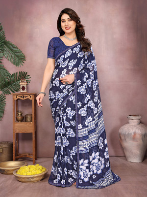 Moda Rapido Floral Print Regular Sari Georgette Saree(Dark Blue)