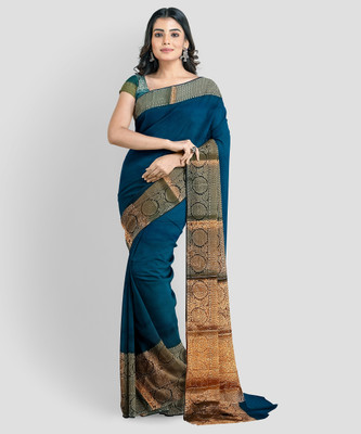 THE VARYA FASHION Self Design Banarasi Silk Blend Saree(Blue)
