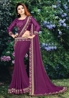 HNC Retail Temple Border, Solid/Plain Bollywood Lycra Blend, Chiffon Saree(Purple)