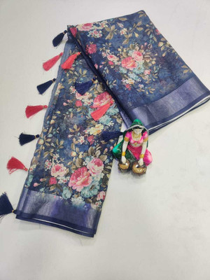 HouseOfCommon Floral Print Bollywood Linen Saree(Blue)