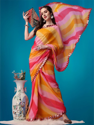 gurukrupa creation Digital Print Leheria Georgette Saree(Yellow, Multicolor)