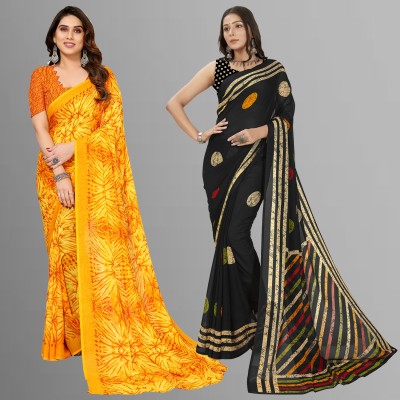 Anand Sarees Floral Print, Polka Print, Ombre, Printed Bollywood Georgette Saree(Pack of 2, Black, Yellow)