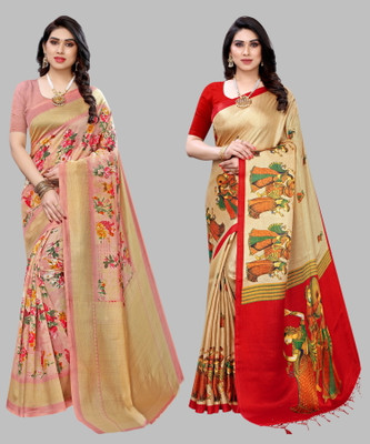 Nirvaan Printed, Paisley, Floral Print Mysore Art Silk Saree(Pack of 2, Orange, Brown)
