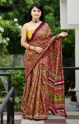Rudra Printed Saree with Attached Blouse Cotton Blend Saree(Green)