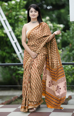 Moda Rapido Printed Bollywood Cotton Silk Saree(Brown)