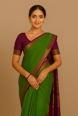 Dhyani Weaves Printed, Woven Banarasi Cotton Silk Saree(Green, Purple)
