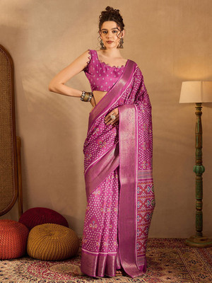 Anouk Rustic Printed Chinnalapattu Silk Blend Saree(Pink)