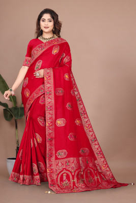Bindi Woven, Self Design Banarasi Viscose Rayon Saree(Red)