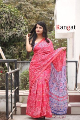 haizal Printed, Self Design, Color Block, Digital Print, Blocked Printed Bandhani Pure Cotton Saree(Pink)