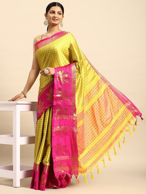 VILLAGIUS Embellished, Floral Print, Printed, Self Design, Temple Border, Solid/Plain, Woven Kanjivaram Cotton Silk, Art Silk Saree(Yellow)