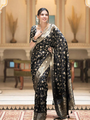 MUKHITA Woven Kanjivaram Silk Blend Saree(Black)