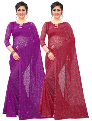 LOROFY Self Design Bollywood Net Saree(Pack of 2, Purple, Maroon)