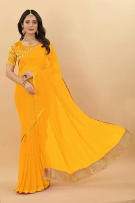 V And V Shop Embroidered Bollywood Chiffon Saree(Yellow)
