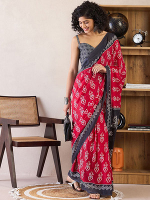 Anouk Rustic Printed Pre Draped Saree Cotton Blend Saree(Pink)