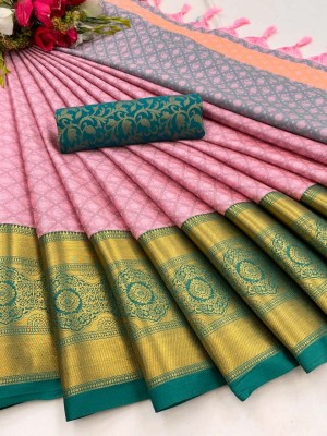 Dwini Paisley, Temple Border, Ombre, Striped, Woven, Floral Print, Checkered Pochampally Silk Blend, Cotton Silk Saree(Pink)