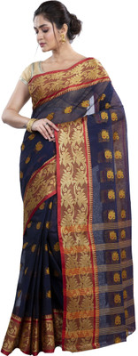 DipDiya Woven Tant Pure Cotton Saree(Dark Blue)