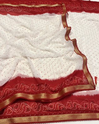 Veer Vision Polka Print Bandhani Georgette Saree(White, Red)