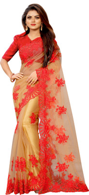 Barkiya Creation Embroidered Bollywood Net Saree(Red, Cream)