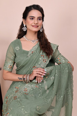 K 5 FASHION Embellished, Embroidered Bollywood Tissue Saree(Light Green)