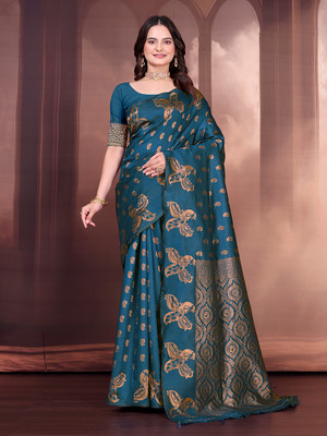 maayro Embellished Banarasi Silk Blend Saree(Blue)