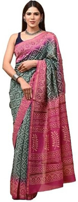 Eddika Color Block Handloom Pure Silk Saree(Blue, Pink)