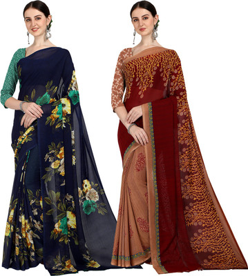 kashvi sarees Floral Print Daily Wear Georgette Saree(Pack of 2, Dark Blue, Beige)