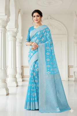 Saadhvi Woven Banarasi Cotton Blend Saree(Light Blue)