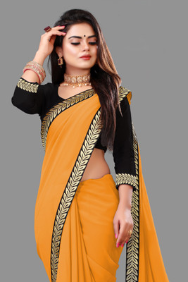 Harbhole Lace Border Self Design, Solid/Plain Bollywood Georgette Saree(Yellow)