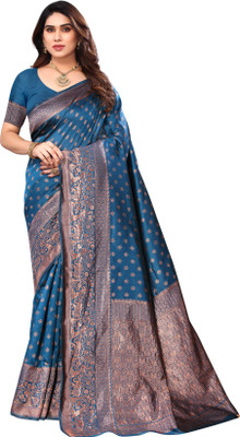 Moda Rapido Woven Kanjivaram Jacquard Saree(Blue)