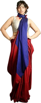 BongSaree Solid/Plain Bollywood Handloom Cotton Blend Saree(Dark Blue, Red)