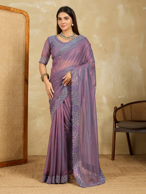 BHAGYAVATI DESIGNER Embroidered, Floral Print Bollywood Tissue, Net Saree(Purple)