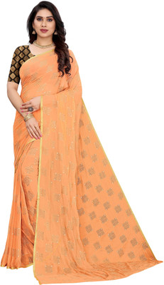 V And V Shop Solid/Plain Bollywood Chiffon Saree(Orange)