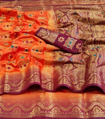 K D F Woven Kanjivaram Silk Blend, Pure Silk Saree(Orange)