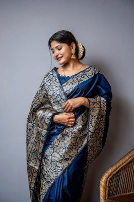 PeachPetals Woven Handloom Cotton Silk Saree(Dark Blue)